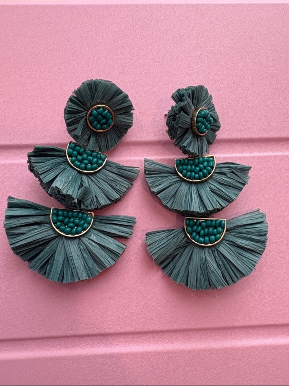 Teal Raffia Fan Drop Earrings - Stylish Statement Jewelry